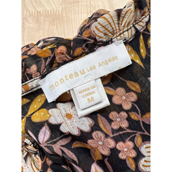 Monteau Floral Sheer Blouse With Metallic Details Half Sleeves Size Medium - Picture 8 of 10